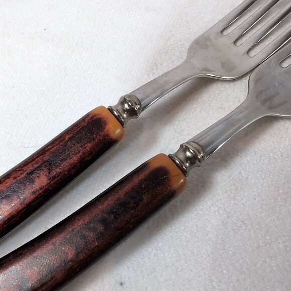 Vintage Glo-Hill Faux Antler Forks 10 Set Faux Wood Stainless Steel Cutlery - Picture 6 of 10